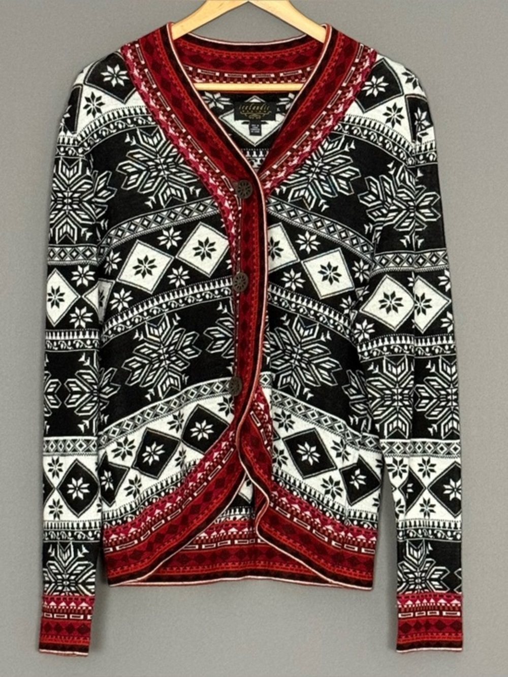 Icelandic Design Nordic Fair Isle Wool Cardigan Women Black Red XL Cabincore